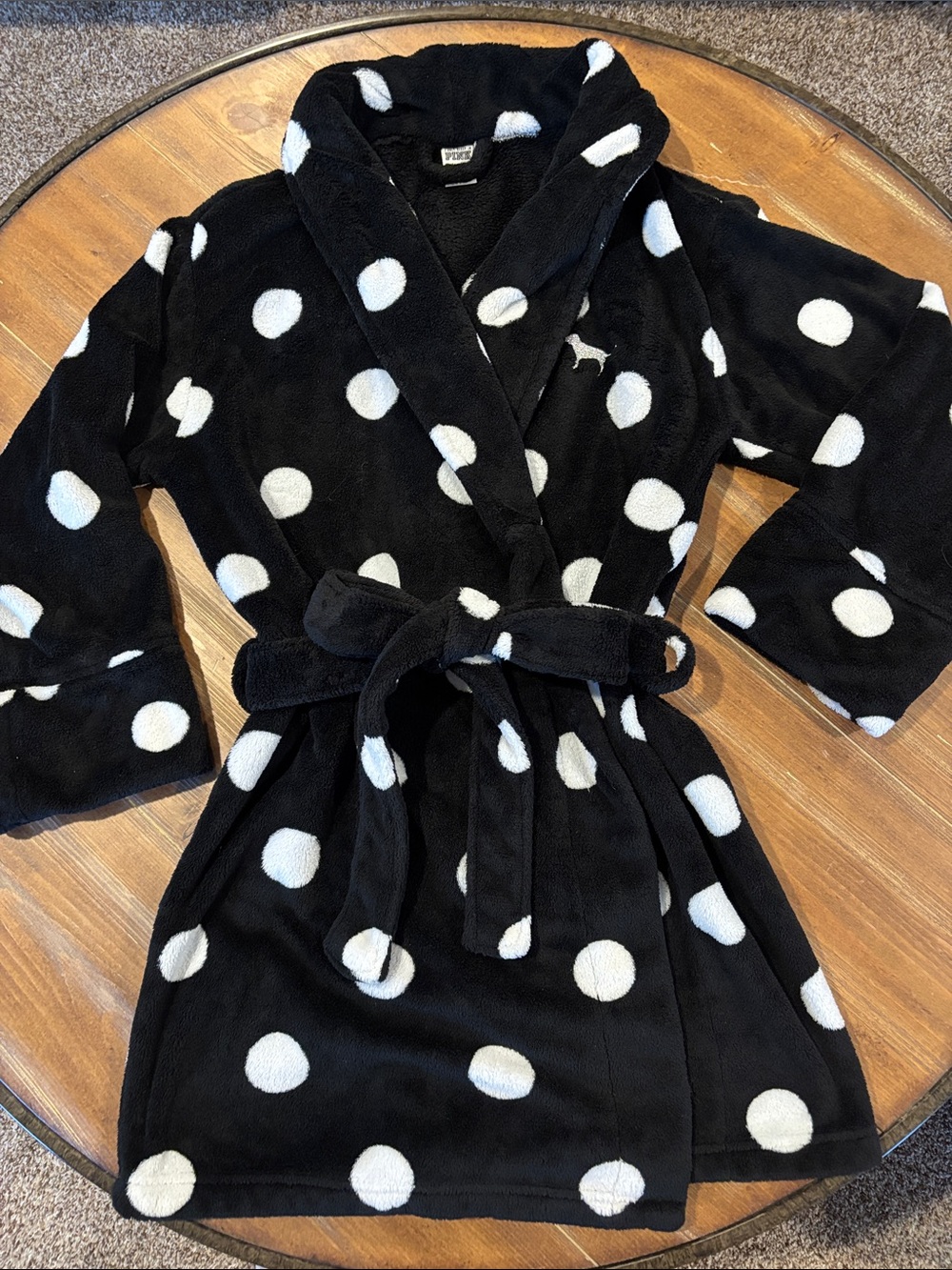 Victoria's Secret PINK Black White Polka Dot Fleece Robe Dog Logo size M/L